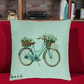 Perna Decorativa Bicicleta Teal cu Cosuri Duble de Flori Vintage, 40x40 cm, Verde Menta, Husa Detasabila, Perna Inclusa, BEKZ®