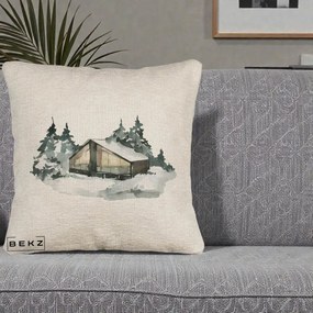 Perna Decorativa Cabana de Iarna in Padure, 40x40 cm, Bej Canapea, Husa Detasabila, Perna Inclusa, BEKZ®