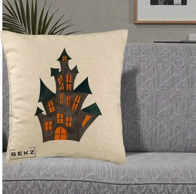 Perna Decorativa Halloween Casa Bantuita Minimalista, 40x40 cm, Bej, Husa Detasabila, Perna Inclusa, BEKZ®