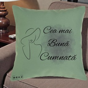 Cadou pentru Cumnata - Perna Personalizata Cea mai Buna Cumnata cu Silueta Dama si Pete Violet, 40x40 cm, Verde, Husa Detasabila, Perna Inclusa, BEKZ®