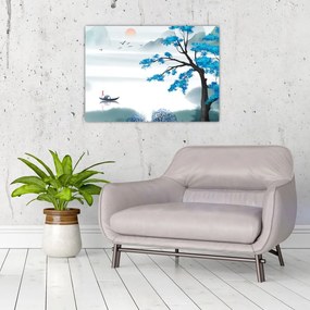 Tablou pe sticlă - Pictură, lac cu barcă (70x50 cm)