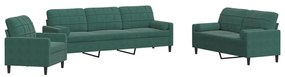 3278453 vidaXL Set canapele cu perne/rulouri, 3 piese, verde închis, catifea