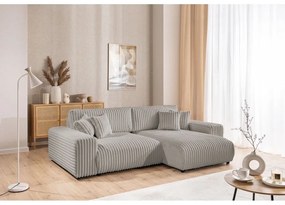 Colțar gri deschis extensibil, cu spațiu de depozitare, cu tapițerie din catifea reiată (cu colț pe partea dreaptă) Sarina – Ropez