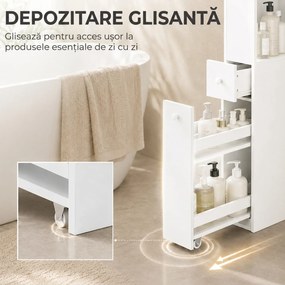 HOMCOM Dulap Baie Slim cu Organizator Glisant pe Roți, Sertar și Raft Reglabil, MDF, 18 x 40 x 135 Cm, Alb | Aosom Romania