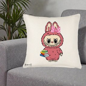 Perna Personalizata Labubu Roz cu Funda si Carti, 40x40 cm, Crem Reliefat, Husa Detasabila, Perna Inclusa, BEKZ®