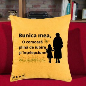 Cadou pentru Bunica - Perna Personalizata Bunica Mea Comoara Iubire Intelepciune Varianta Extinsa, 40x40 cm, Galben, Husa Detasabila, Perna Inclusa, BEKZ®