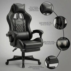 Scaun gaming, sistem iluminare bandă LED RGB, masaj în perna lombară, suport picioare, Negru
