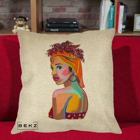 Perna Decorativa Portret Femeie Colorat Pop Art, 40x40 cm, Crem, Husa Detasabila, Perna Inclusa, BEKZ®