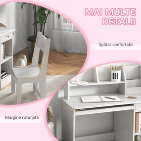 ZONEKIZ Birou Copii de 5-8 ani, si cu un raft cu multe compartimente, masa si scaun pentru copii din lemn, alb | Aosom Romania
