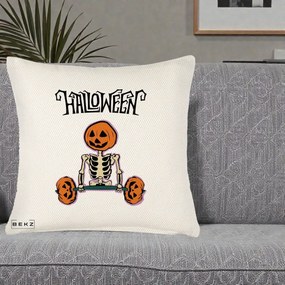Perna Decorativa Halloween Schelet cu Cap de Dovleac Powerlifting, 40x40 cm, Crem Reliefat, Husa Detasabila, Perna Inclusa, BEKZ®