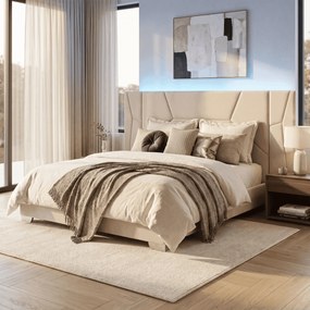 Pat cu somieră şi iluminare LED, 160x200, ţesătură Velvet bej, ALTESA