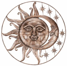 Decorațiune metalică de perete Soare cu lună dincupru, 68 x 4 x 68 cm
