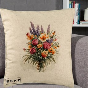 Perna Decorativa Buchet Mixt Acuarela Lavanda-Trandafiri, 40x40 cm, Bej, Husa Detasabila, Perna Inclusa, BEKZ®