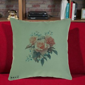 Perna Decorativa Trandafiri Roz cu Floricele Albastre, 40x40 cm, Verde, Husa Detasabila, Perna Inclusa, BEKZ®