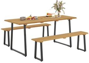 Outsunny Grup de mobilier din 3 piese din lemn pentru 6 persoane Masă de bucătărie cu 2 bănci Orificiu pentru umbrelă Masă din lemn 178 x 76 x 77 cm Lemn natural | Aosom Romania