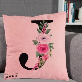 Cadou Personalizat - Perna Personalizata Monograma Florala Litera J, 40x40 cm, Roz, Husa Detasabila, Perna Inclusa, BEKZ®