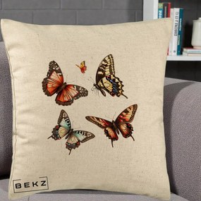 Perna Decorativa Colectie Fluturi Multicolori, 40x40 cm, Bej, Husa Detasabila, Perna Inclusa, BEKZ®
