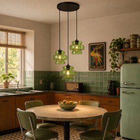 Lampă suspendată retro neagră cu sticlă verde cu 3 lumini - Denise
