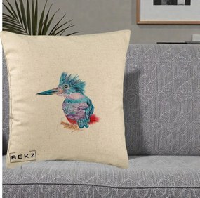 Perna Decorativa Pasare Martin Pescar Acuarela Albastru-Mov, 40x40 cm, Bej, Husa Detasabila, Perna Inclusa, BEKZ®