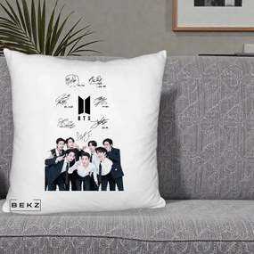 Perna Personalizata K-pop BTS Autografe Toti Membrii cu Fotografie, 40x40 cm, Alb Pufos, Husa Detasabila, Perna Inclusa, BEKZ®