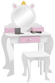 ZONEKIZ Masă de toaletă pentru copii cu taburet și oglindă Masă de toaletă pentru fete cu sertar compartimente design unicorn alb | Aosom Romania