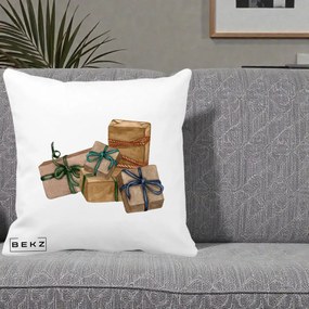 Perna Decorativa Cadouri de Craciun Kraft, 40x40 cm, Alba Mata, Husa Detasabila, Perna Inclusa, BEKZ®