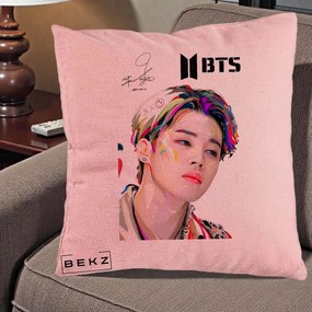 Perna Personalizata K-pop BTS Jimin Portret Artistic Multicolor cu Autograf, 40x40 cm, Roz, Husa Detasabila, Perna Inclusa, BEKZ®