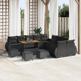 vidaXL Set de mobilier pentru grădină , 13 piese cu perne, din rattan negru și acacia.