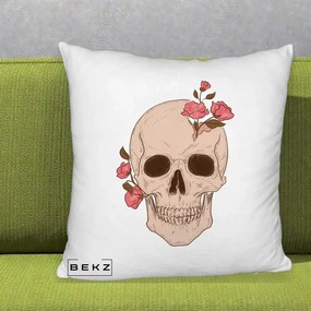Perna Decorativa Craniu Floral Gothic, 40x40 cm, Alb Pufos, Husa Detasabila, Perna Inclusa, BEKZ®