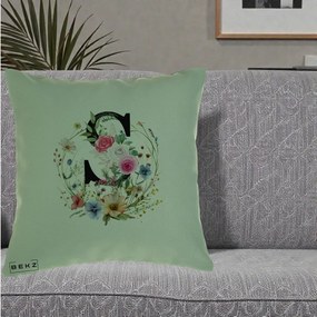 Cadou Personalizat - Perna Personalizata Monogram Litera S cu Flori Acuarela, 40x40 cm, Verde, Husa Detasabila, Perna Inclusa, BEKZ®