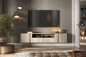 Comodă TV Verica suspendat 200 cm cu nișă - stejar burete / mânere aurii