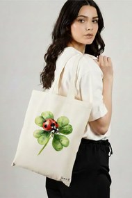 Sacosa de Panza pentru Cumparaturi, Geanta Tote, model Lucky Ladybug 38 x 34.5 cm, Alba, BEKZ®