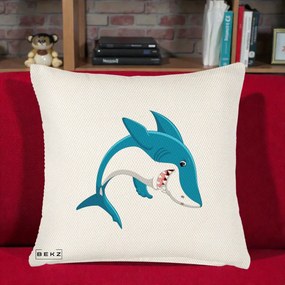 Perna Decorativa Rechin Albastru Cartoon, 40x40 cm, Crem Reliefat, Husa Detasabila, Perna Inclusa, BEKZ®