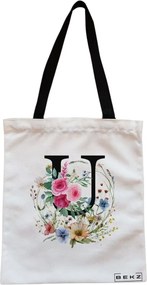 Sacosa de Panza pentru Cumparaturi, Geanta Tote, Cu litera U in Coronita Florala, Cu fermoar, 38x34.5 cm, Alba, BEKZ®