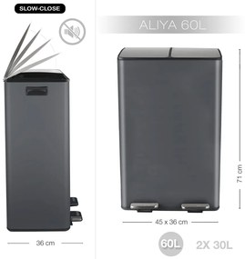 Coș de gunoi gri închis pentru reciclare/cu pedală 2x30 l din oțel Aliya – Spirella