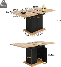 Masă extensibilă de sufragerie cu 3 niveluri de depozitare, 110-140×70×76 cm, Negru