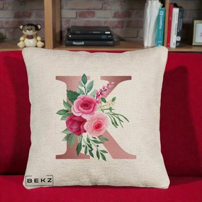 Cadou Personalizat - Perna Personalizata Monograma Rose Gold Litera K, 40x40 cm, Bej Canapea, Husa Detasabila, Perna Inclusa, BEKZ®