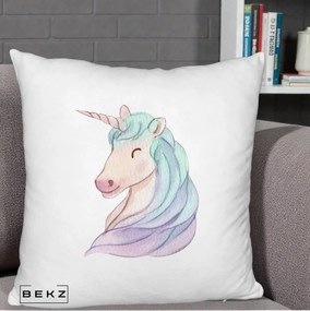 Perna Decorativa Unicorn Acuarela Pastel, 40x40 cm, Alb Pufos, Husa Detasabila, Perna Inclusa, BEKZ®