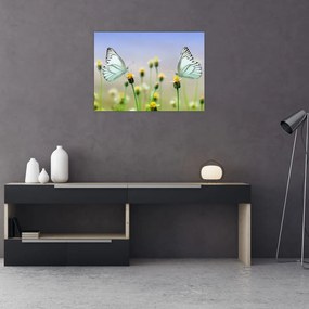 Tablou pe sticlă cu fluture pe floare (70x50 cm)