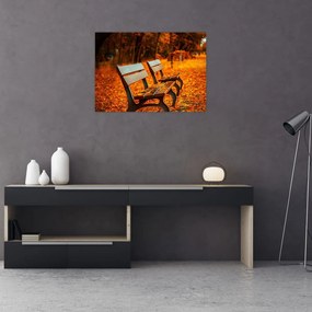 Tablou pe sticlă cu banca toamna (70x50 cm)