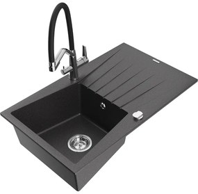 Mexen Cesar chiuvetă de granit cu un compartiment, cu picurător și baterie de bucătărie Duo, Negru cu picățele - 6514-76-671701-
