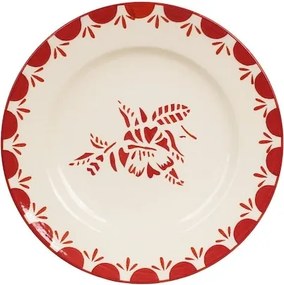 Farfurie din ceramică artizanală, natur, cu motive florale pictate manual roșu și bordură decorativă, 16 cm, „Marion"