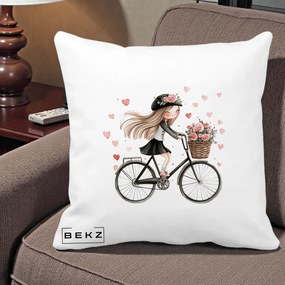 Perna Decorativa Fetita Kawaii pe Bicicleta cu Trandafiri si Inimioare, 40x40 cm, Alba Mata, Husa Detasabila, Perna Inclusa, BEKZ®