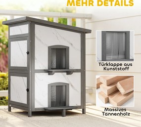 PawHut Căsuță pentru exterior, casă din lemn pentru pisici, intrări multiple, fereastră, rezistent la apă, 60 x 60 x 88 cm, Alb | Aosom Romania