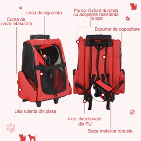 PawHut Trolley Ghiozdan 2 în 1 pentru Animale de Companie, Ușor de Transportat, Roșu, 35x27x49cm | Aosom Romania