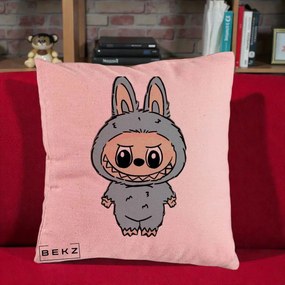 Perna Personalizata Labubu Albastru-Gri Solo, 40x40 cm, Roz, Husa Detasabila, Perna Inclusa, BEKZ®