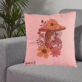 Perna Decorativa Fata Ciuperca Florala Boho, 40x40 cm, Roz, Husa Detasabila, Perna Inclusa, BEKZ®