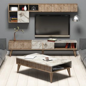 Set Mobilier Living Milan - Walnut, White Marble 3 bucati