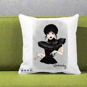 Perna Personalizata Wednesday Addams Portret Gotic, 40x40 cm, Alba Mata, Husa Detasabila, Perna Inclusa, BEKZ®