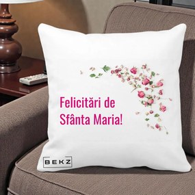 Cadou de Onomastica - Perna Personalizata Felicitari de Sfanta Maria, 40x40 cm, Alba Mata, Husa Detasabila, Perna Inclusa, BEKZ®